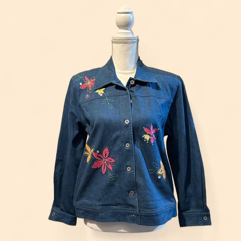 Vintage Alfred Dunner Floral Embroidered Denim Color Long Sleeve